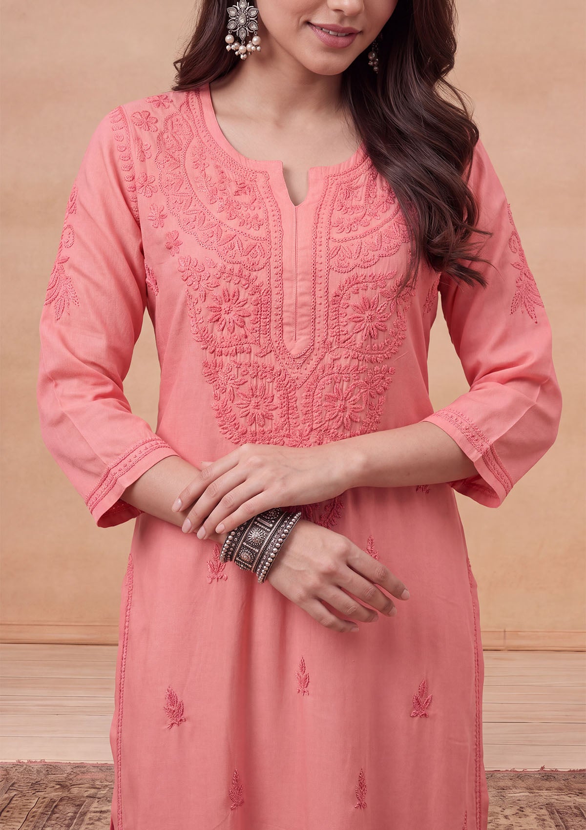 HOC Rayon Chikankari Solid Women's Long Kurta - Light Pink