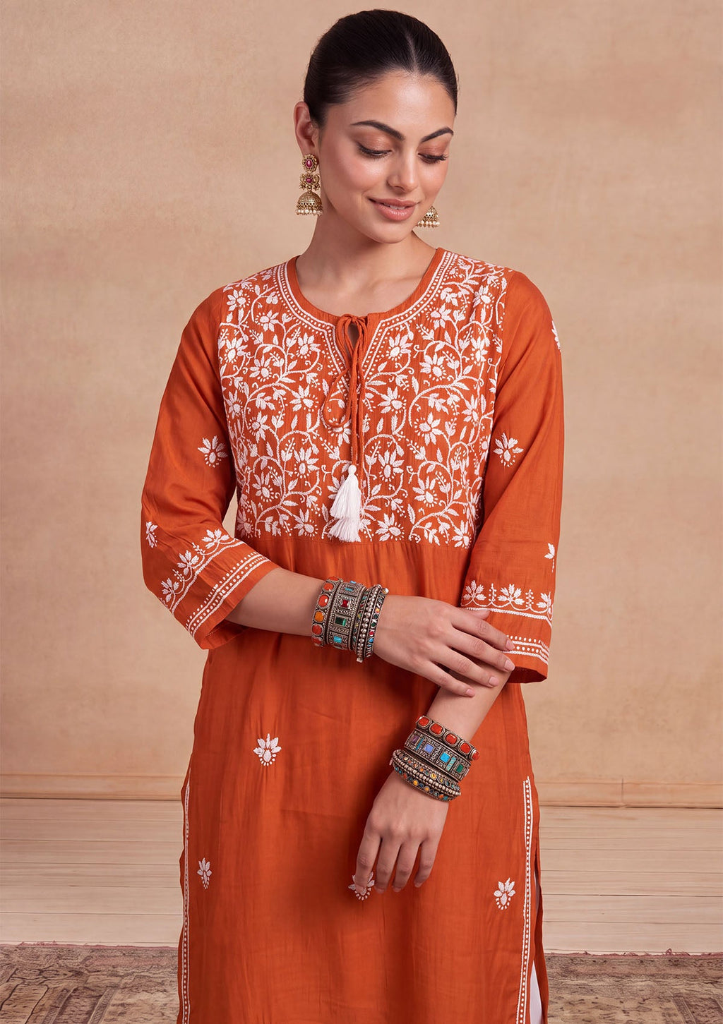 HOC Women Orange Chanderi Chikankari Kurta