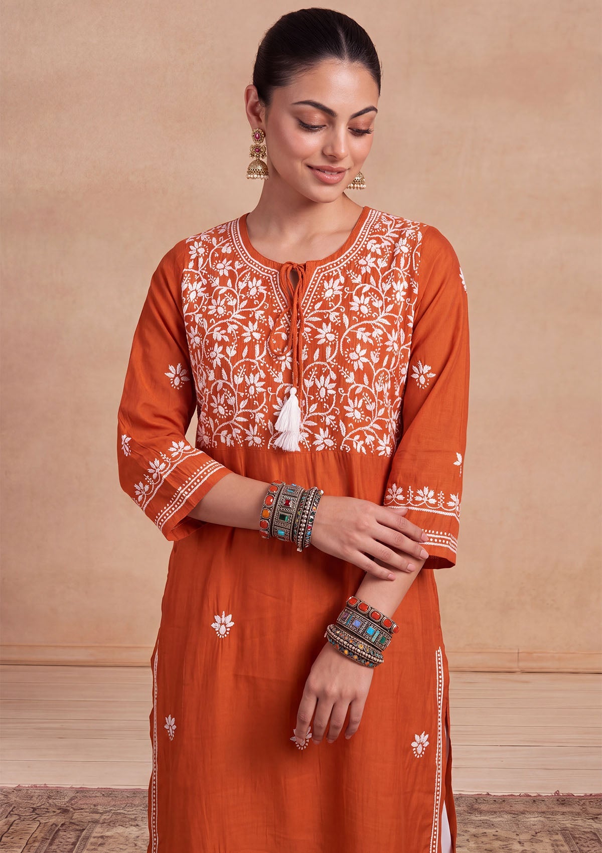 HOC Women Orange Chanderi Chikankari Kurta