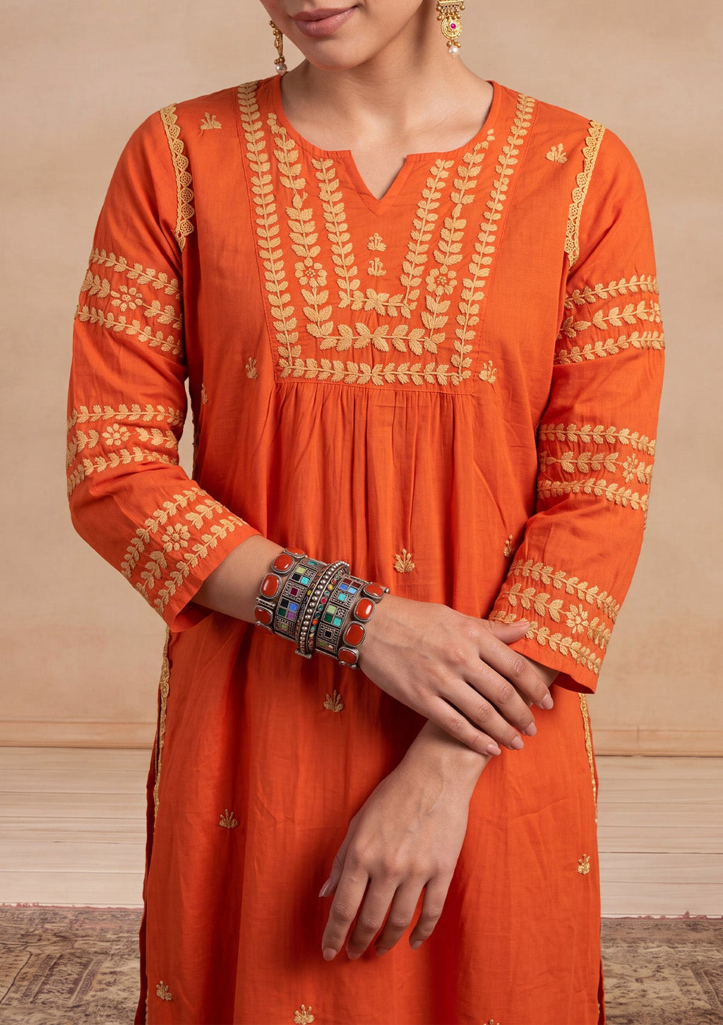 HOC Adila Chikankari Solid Women's Long Kurta - Orange