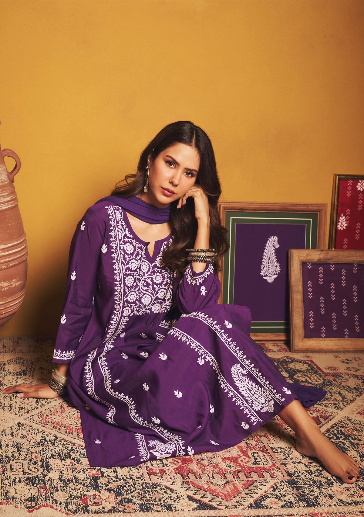 Sonam Purple Chanderi Chikankari Kurta Set With Dupatta