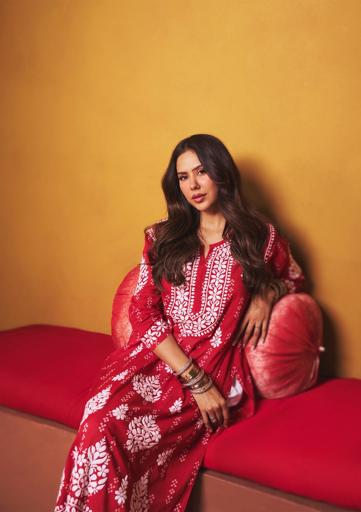 Sonam Red Mulmul Chikankari Kurta