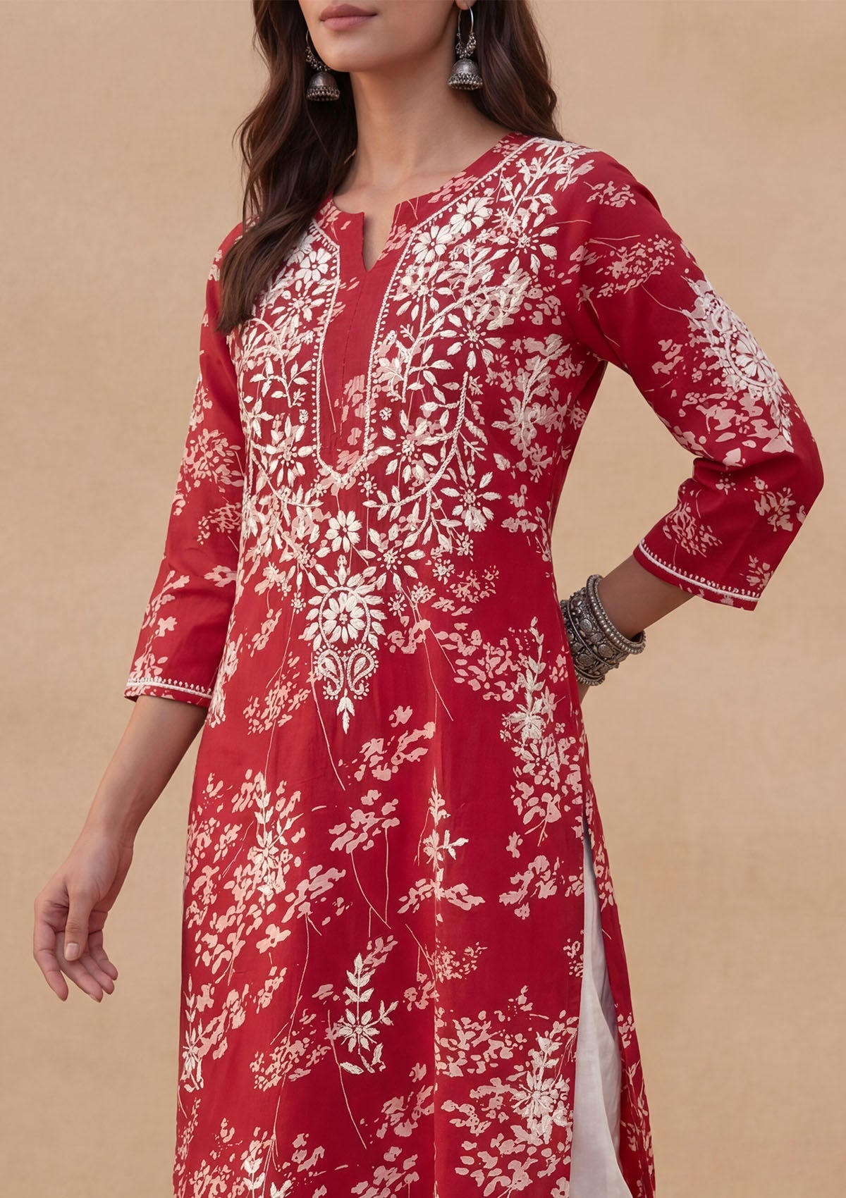 Zainab Mulmul Chikankari Printed Straight Kurta - Red