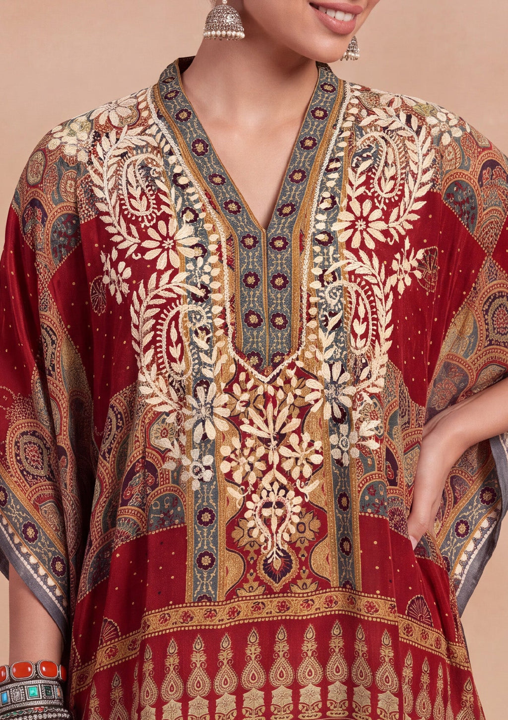 HOC Crepe Chikankari Printed Straight Women's Short Kaftan-Rust