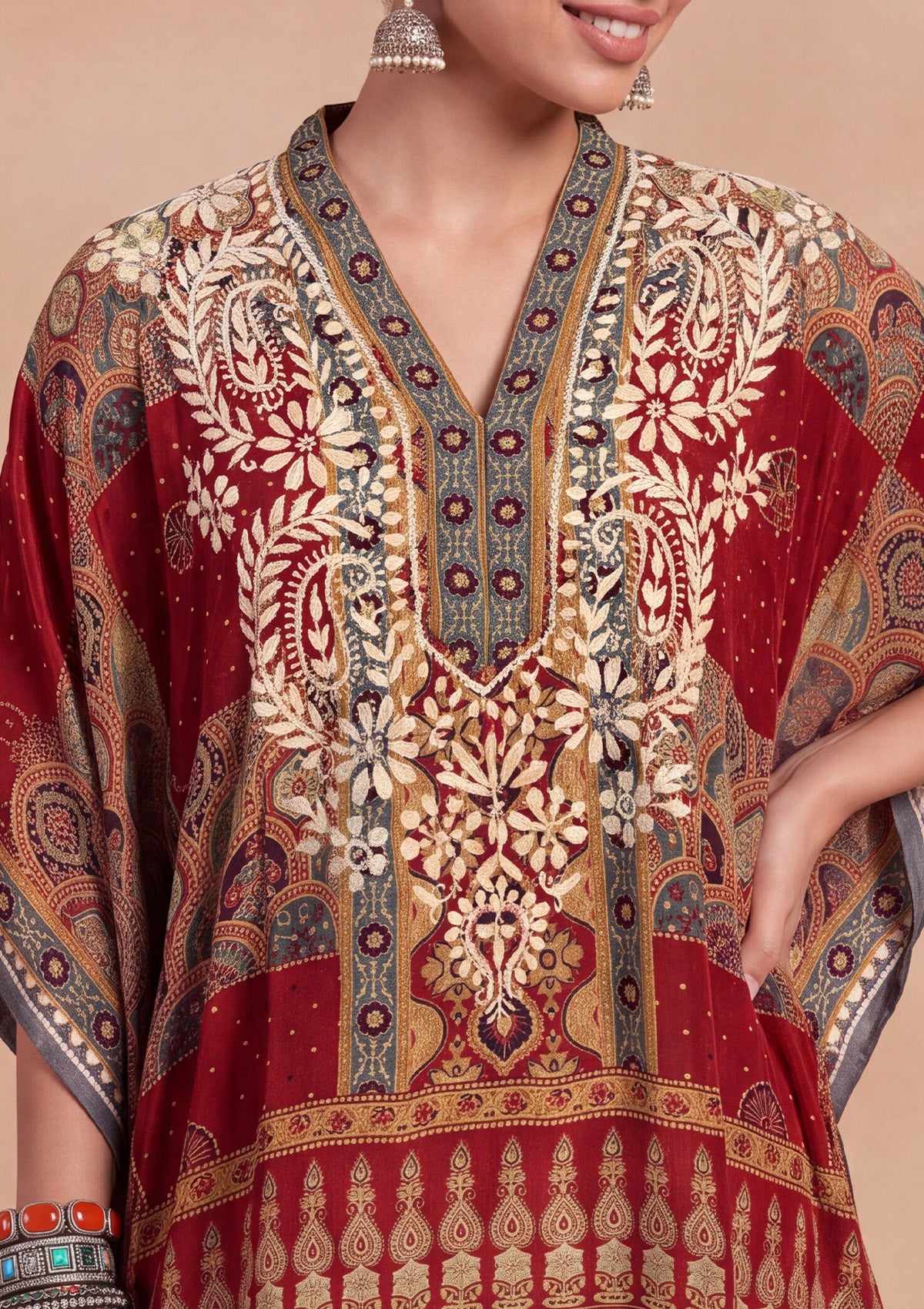 HOC Crepe Chikankari Printed Straight Women's Short Kaftan-Rust