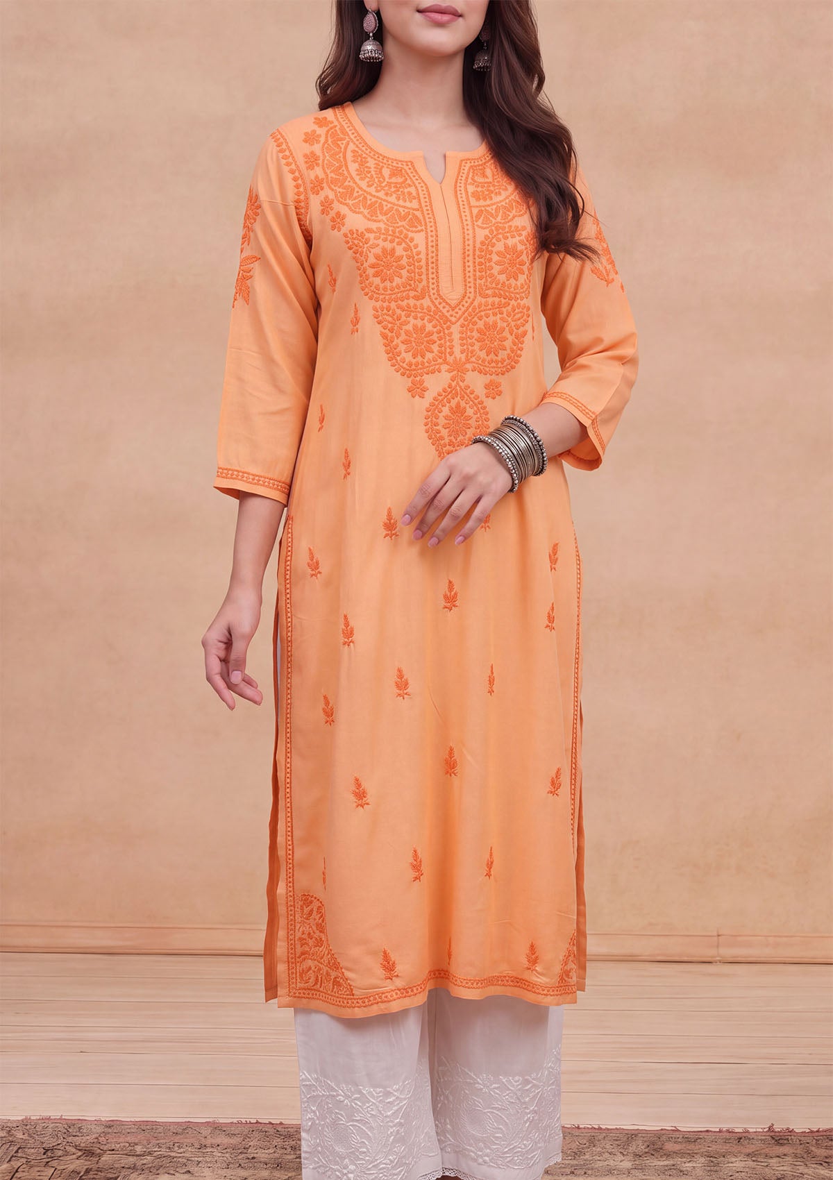 HOC Rayon Chikankari Solid Women's Long Kurta - Peach
