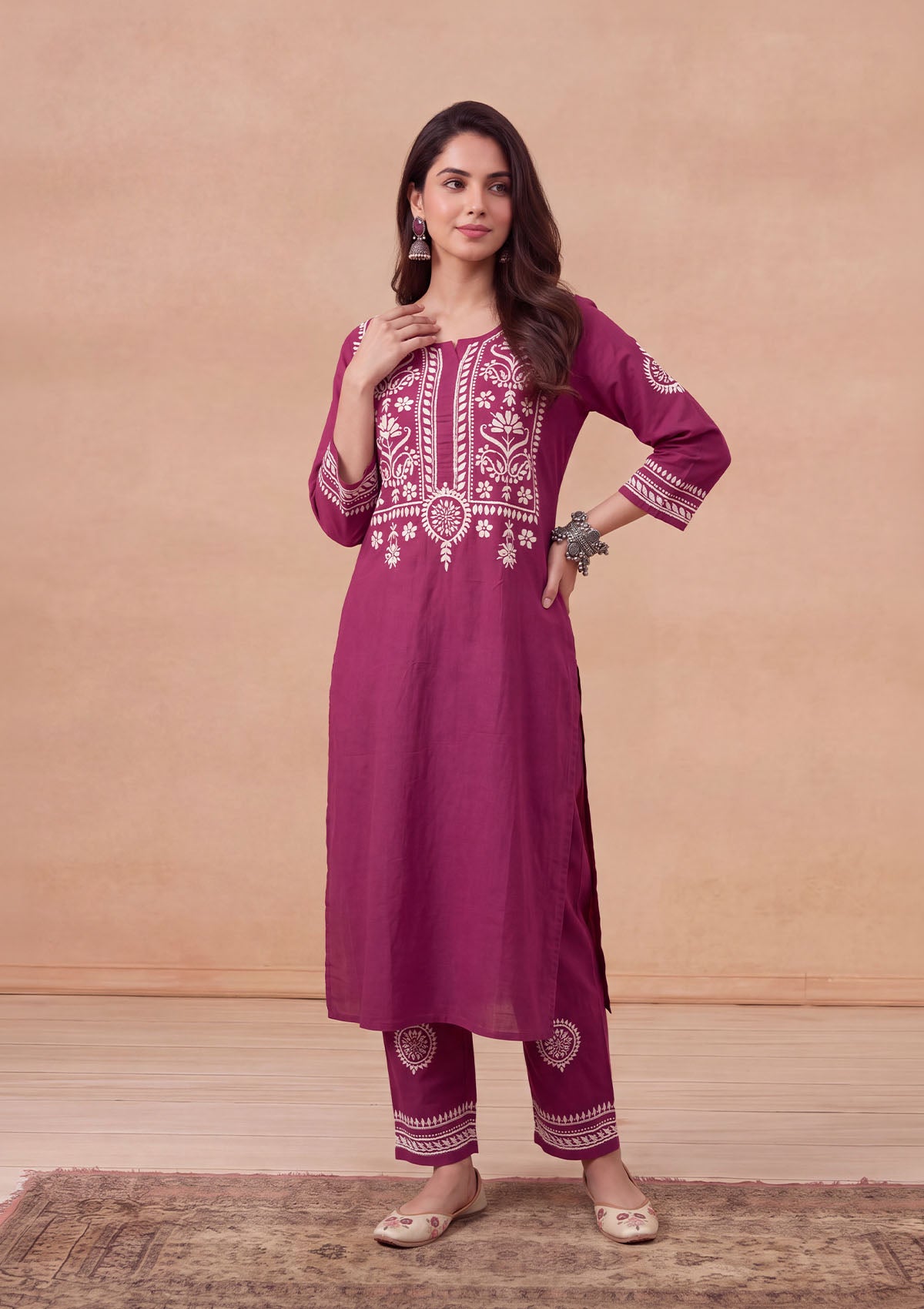 HOC Soha Cotton Chikankari Solid Women's 2 PC Long Kurta Set - Maroon