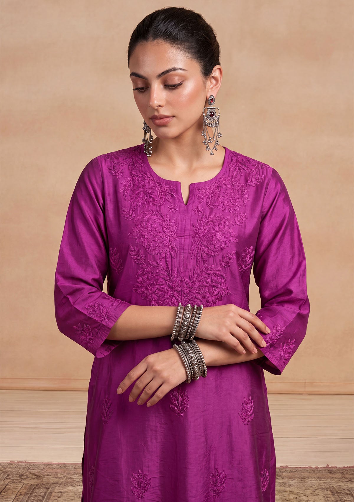 HOC Chanderi Chikankari Solid Women's 2 PC Long Kurta Set - Purple