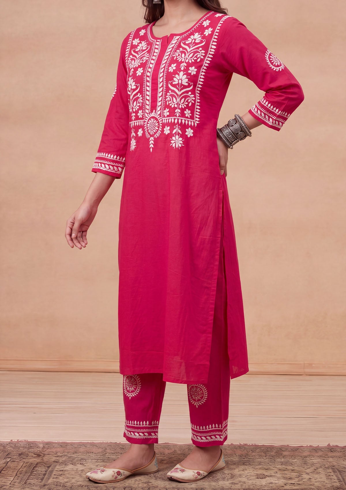 HOC Soha Cotton Chikankari Solid Women's 2 PC Long Kurta Set - Fuchsia Pink