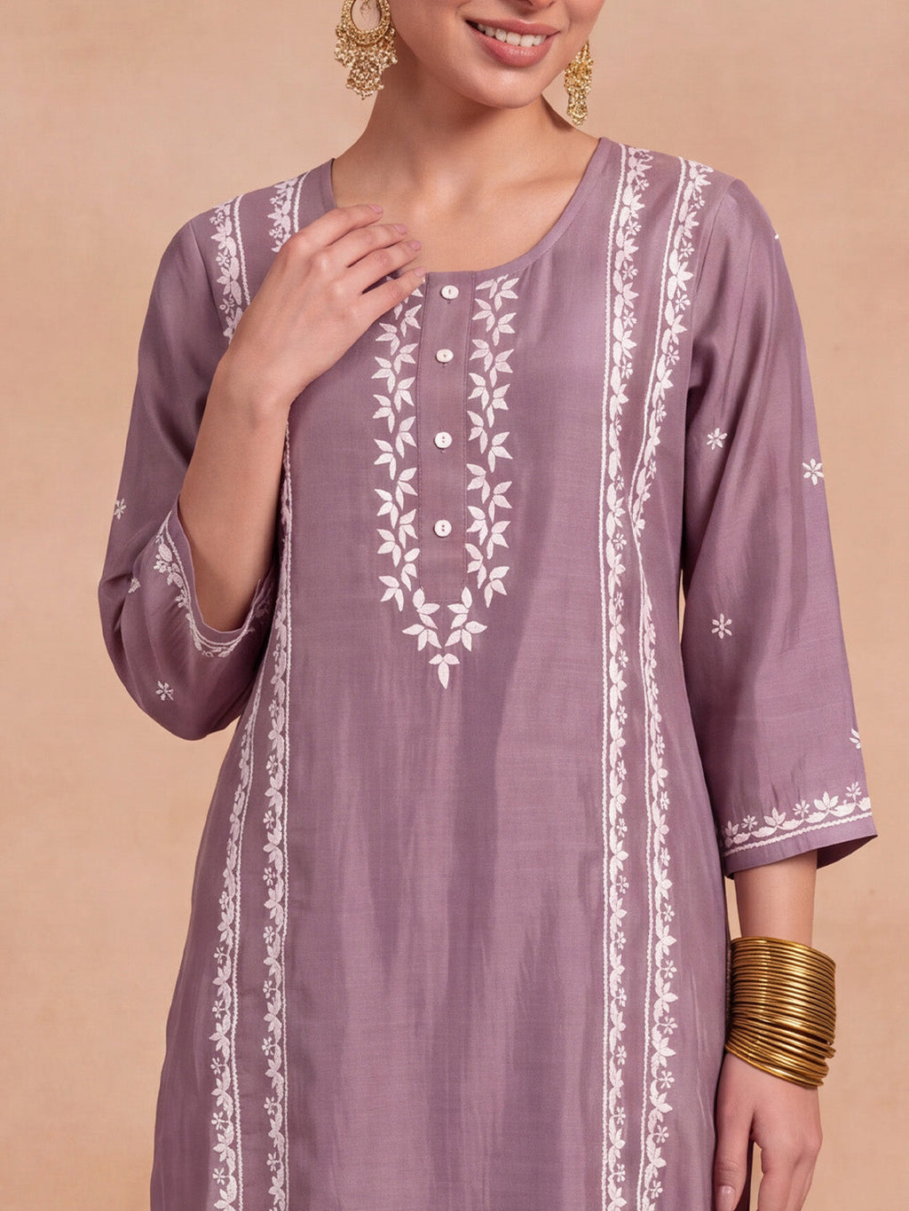 HOC Chanderi Chikankari Solid Women's 2 PC Long Kurta Set - Lavender