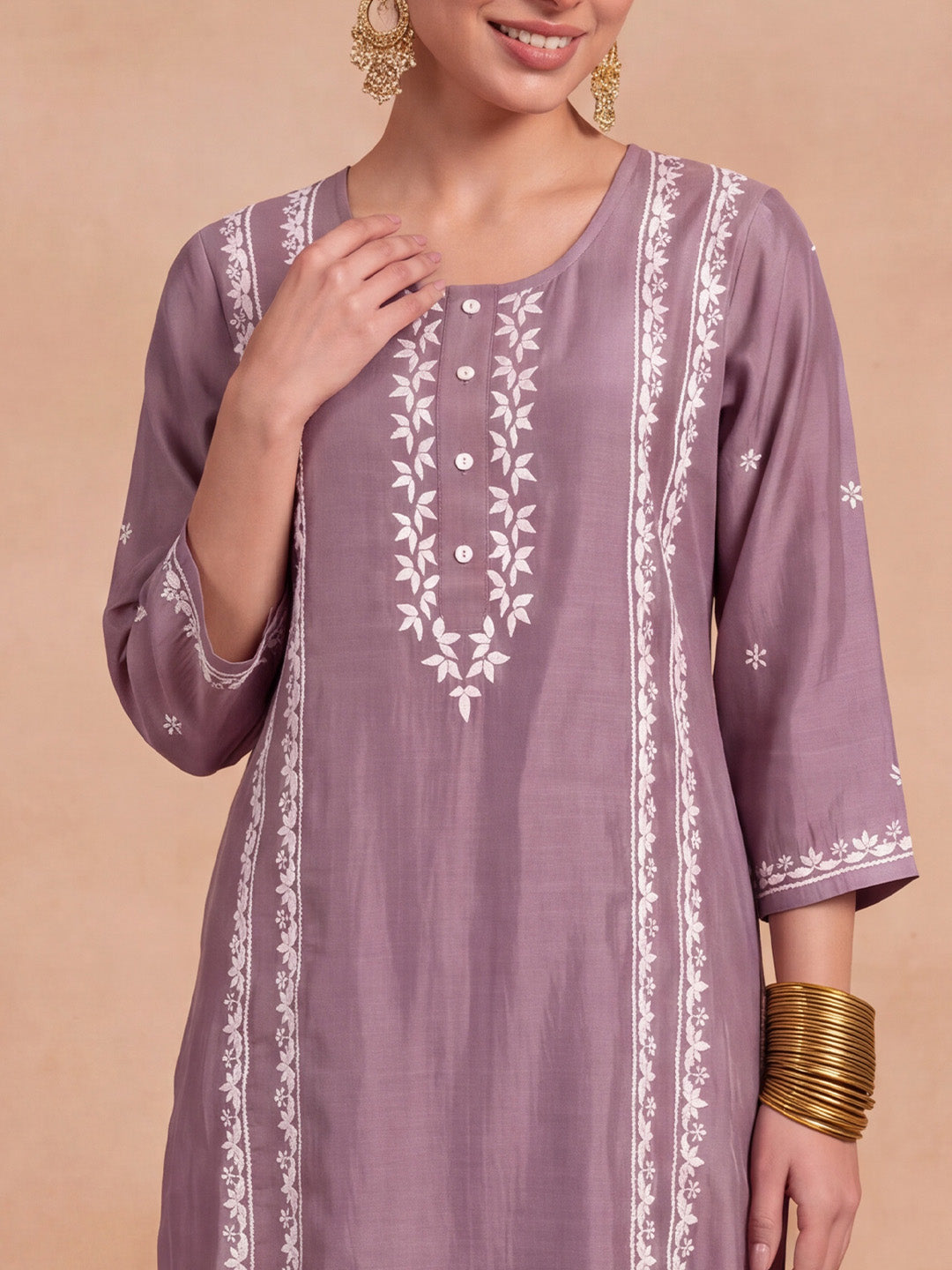 HOC Chanderi Chikankari Solid Women's 2 PC Long Kurta Set - Lavender