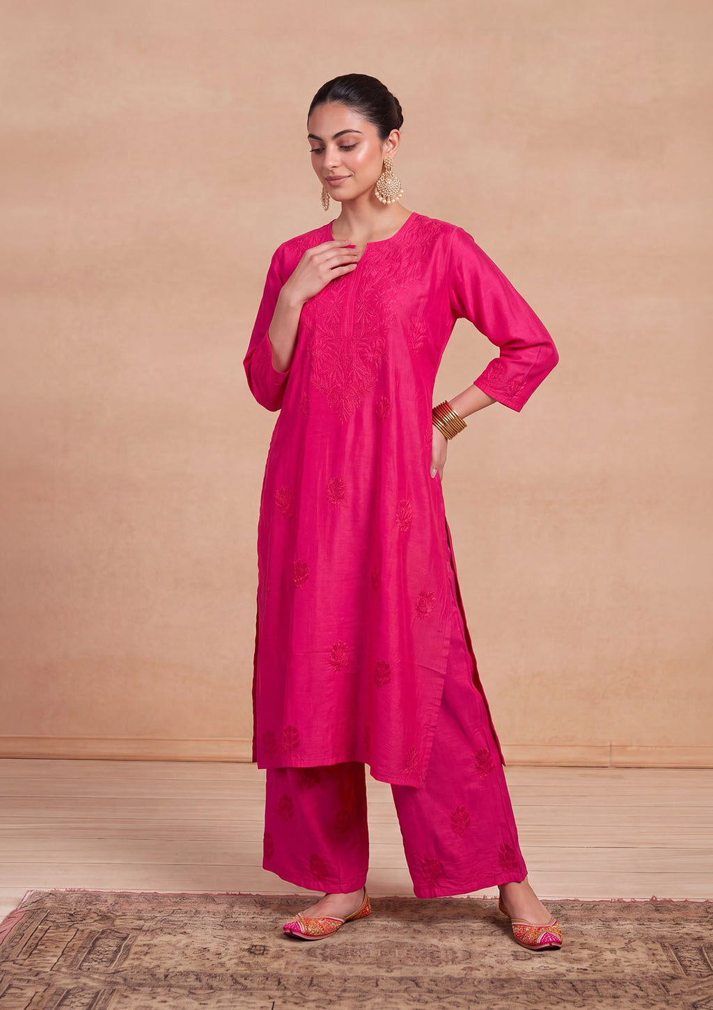 HOC Chanderi Chikankari Solid Women's 2 PC Long Kurta Set - Fuchsia Pink