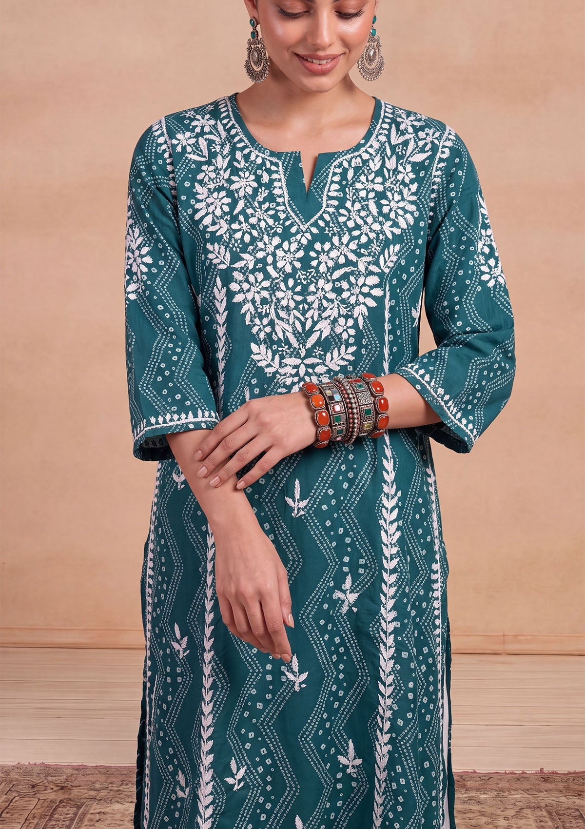 HOC Jugni Mulmul Chikankari Printed Women's Long Kurta - Teal