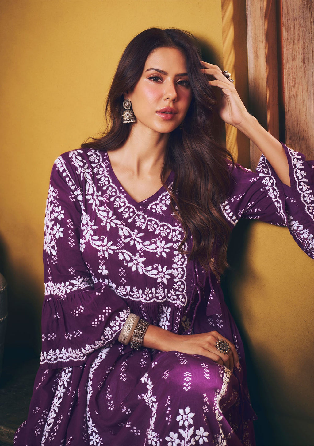 Sonam Purple Chikankari Angrakha Kurta