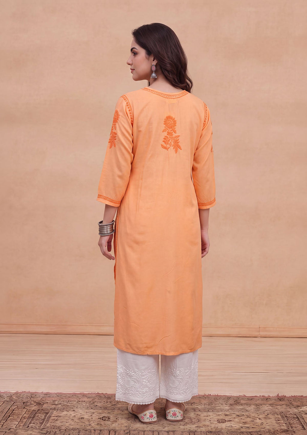HOC Rayon Chikankari Solid Women's Long Kurta - Peach