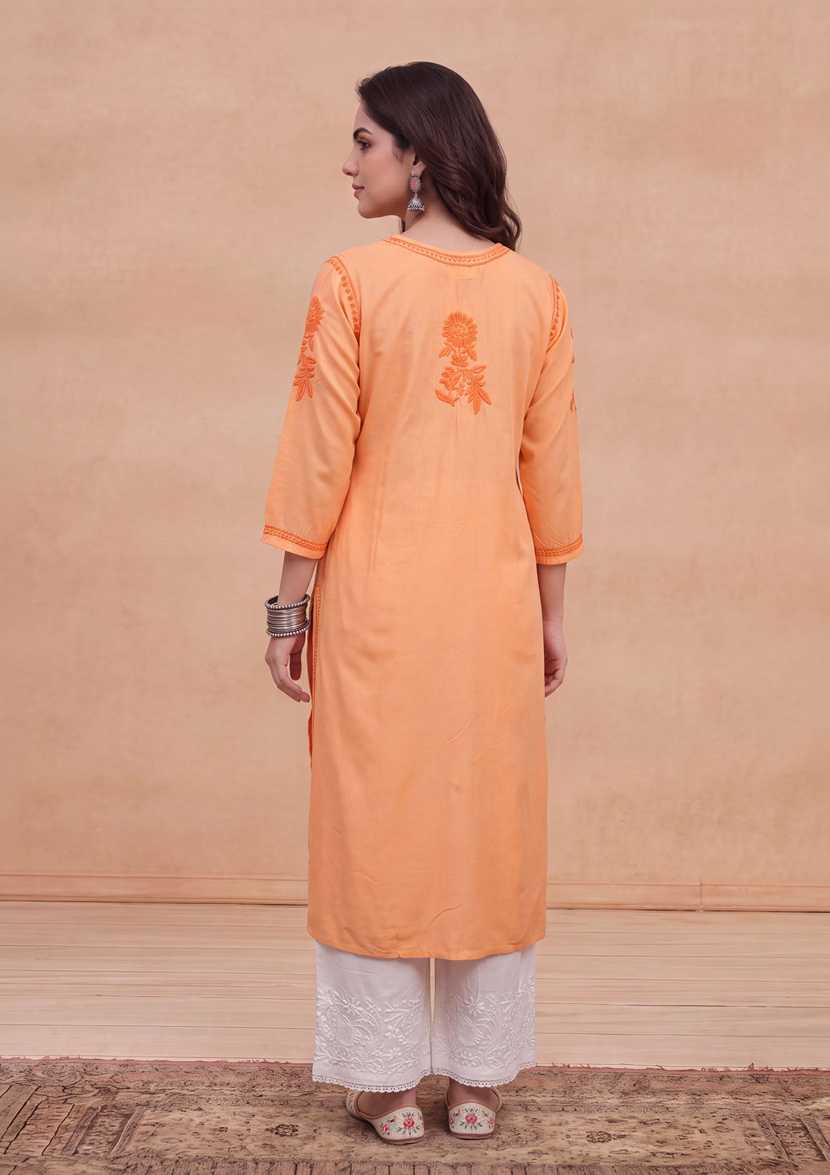 HOC Rayon Chikankari Solid Women's Long Kurta - Peach