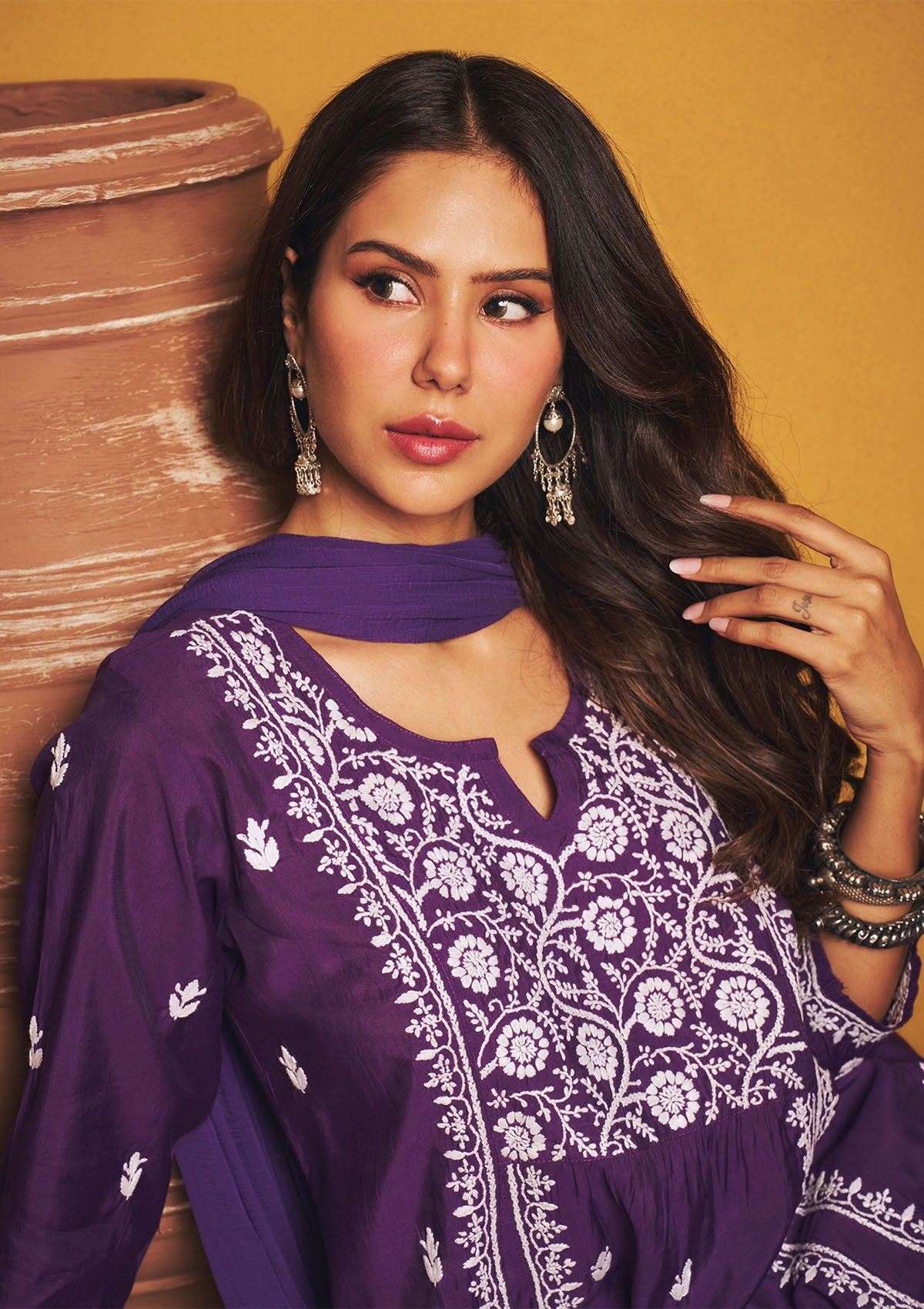 Sonam Purple Chanderi Chikankari Kurta Set With Dupatta