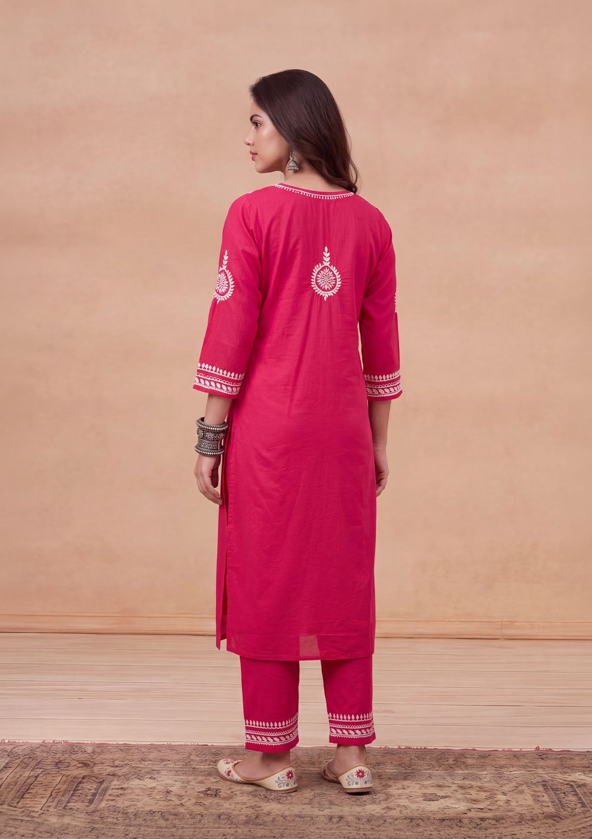 HOC Soha Cotton Chikankari Solid Women's 2 PC Long Kurta Set - Fuchsia Pink
