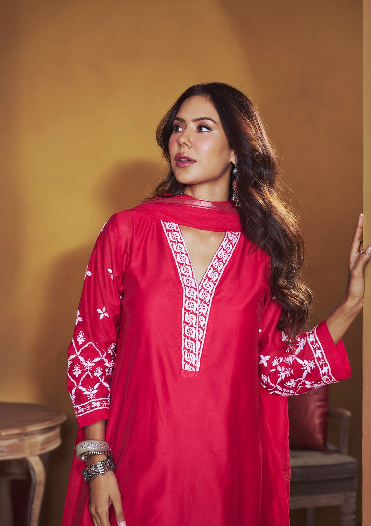 Sonam Red Chanderi Chikankari Kurta Set with Dupatta