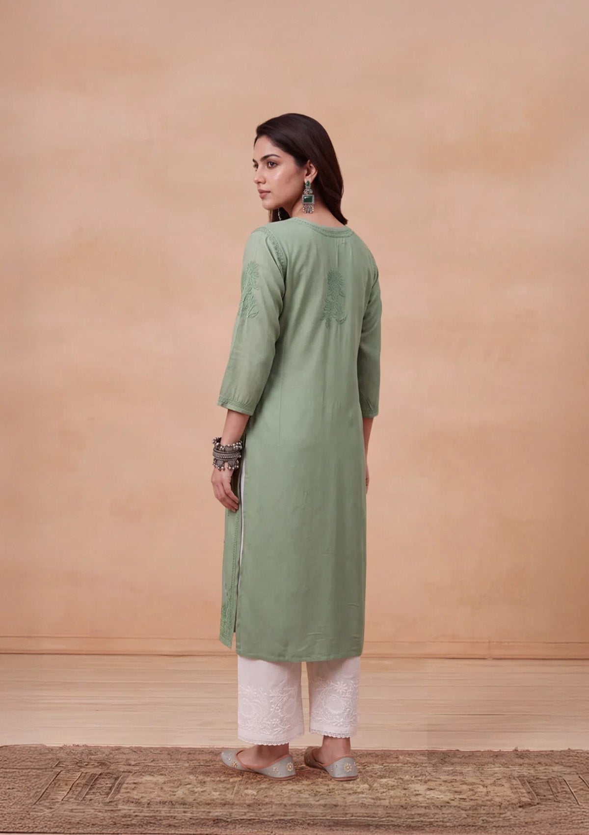 HOC Rayon Chikankari Solid Women's Long Kurta - Jade Green