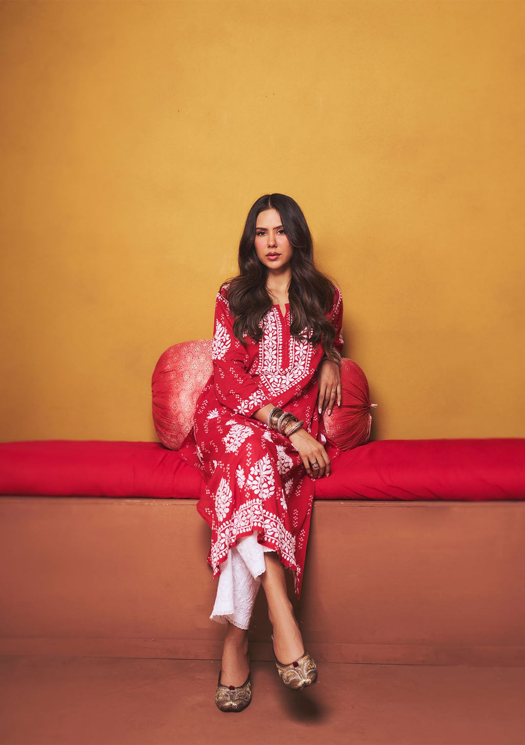 Sonam Red Mulmul Chikankari Kurta