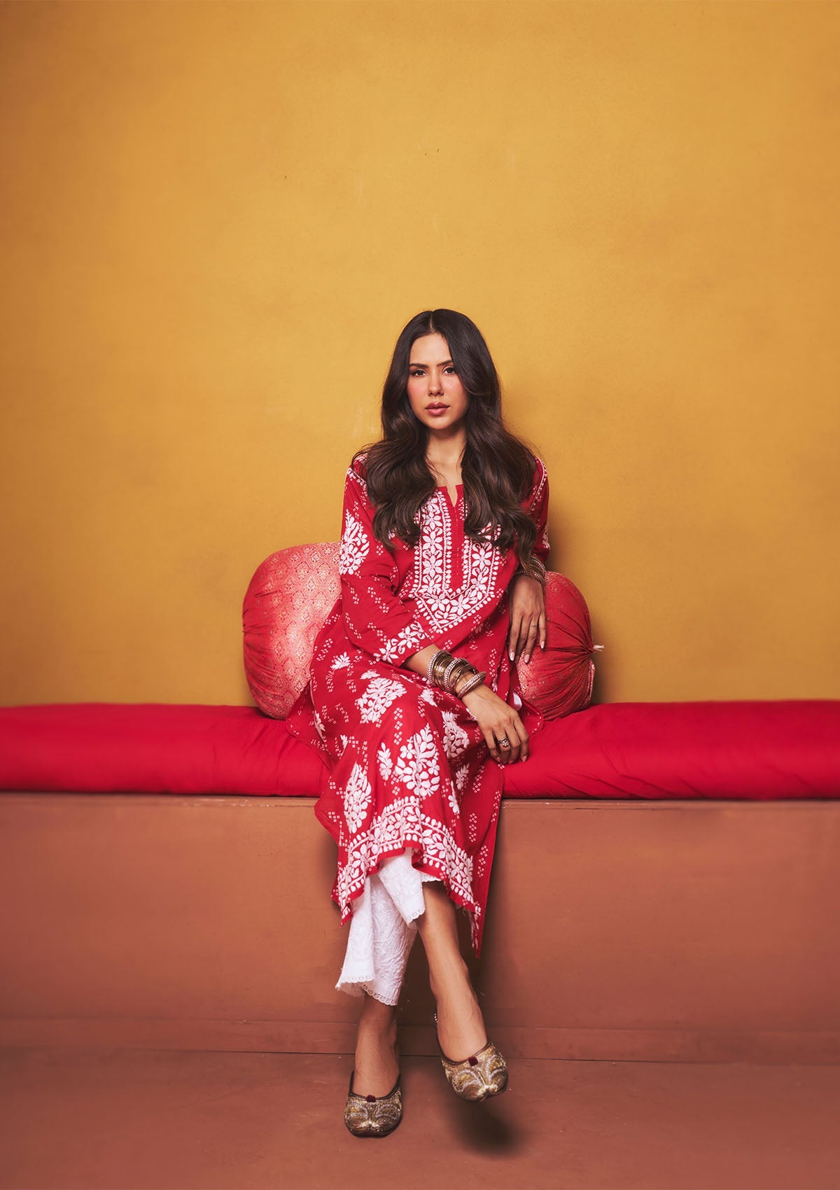 Sonam Red Mulmul Chikankari Kurta