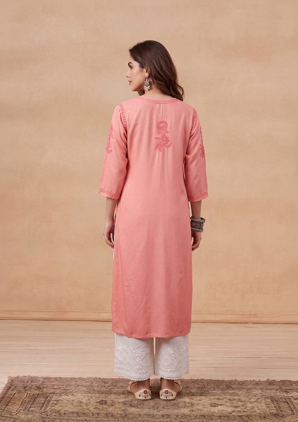 HOC Rayon Chikankari Solid Women's Long Kurta - Light Pink