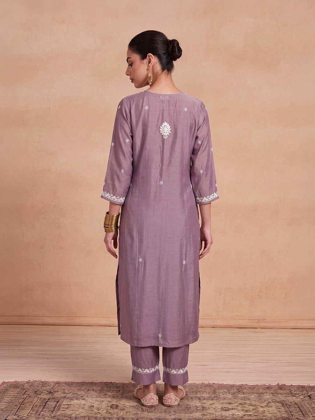 HOC Chanderi Chikankari Solid Women's 2 PC Long Kurta Set - Lavender