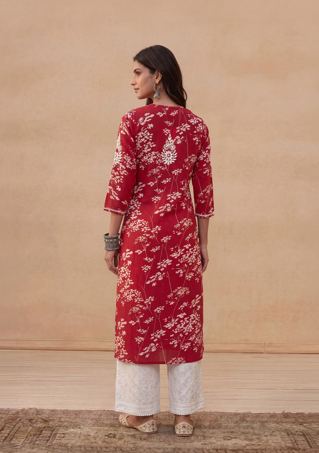 Zainab Mulmul Chikankari Printed Straight Kurta - Red