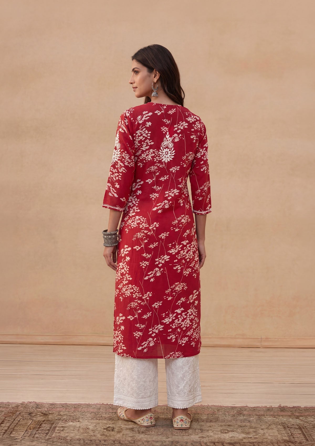Zainab Mulmul Chikankari Printed Straight Kurta - Red