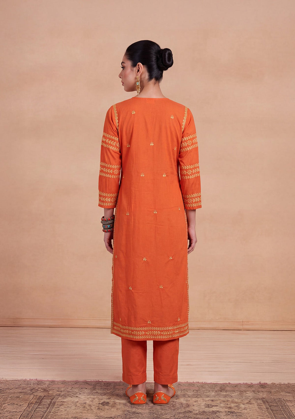 HOC Adila Chikankari Solid Women's Long Kurta - Orange
