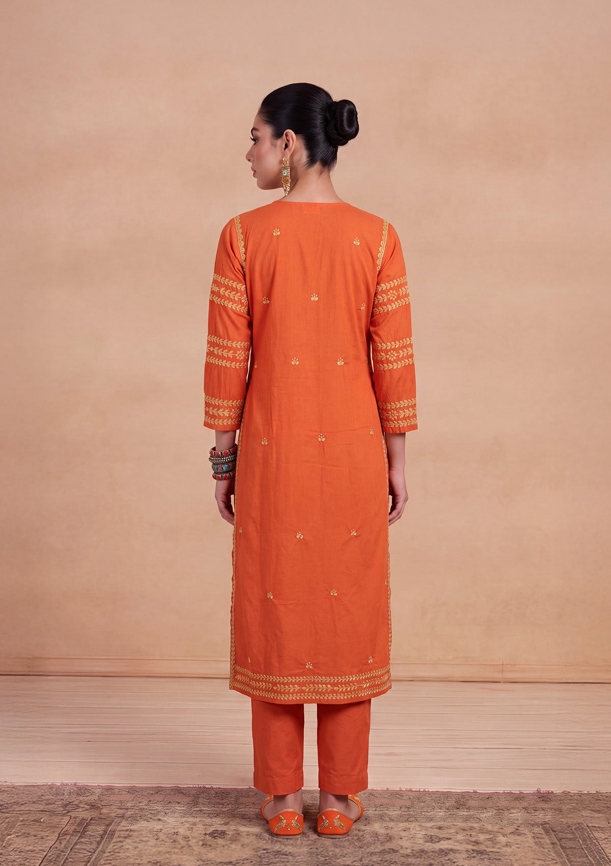 HOC Adila Chikankari Solid Women's Long Kurta - Orange