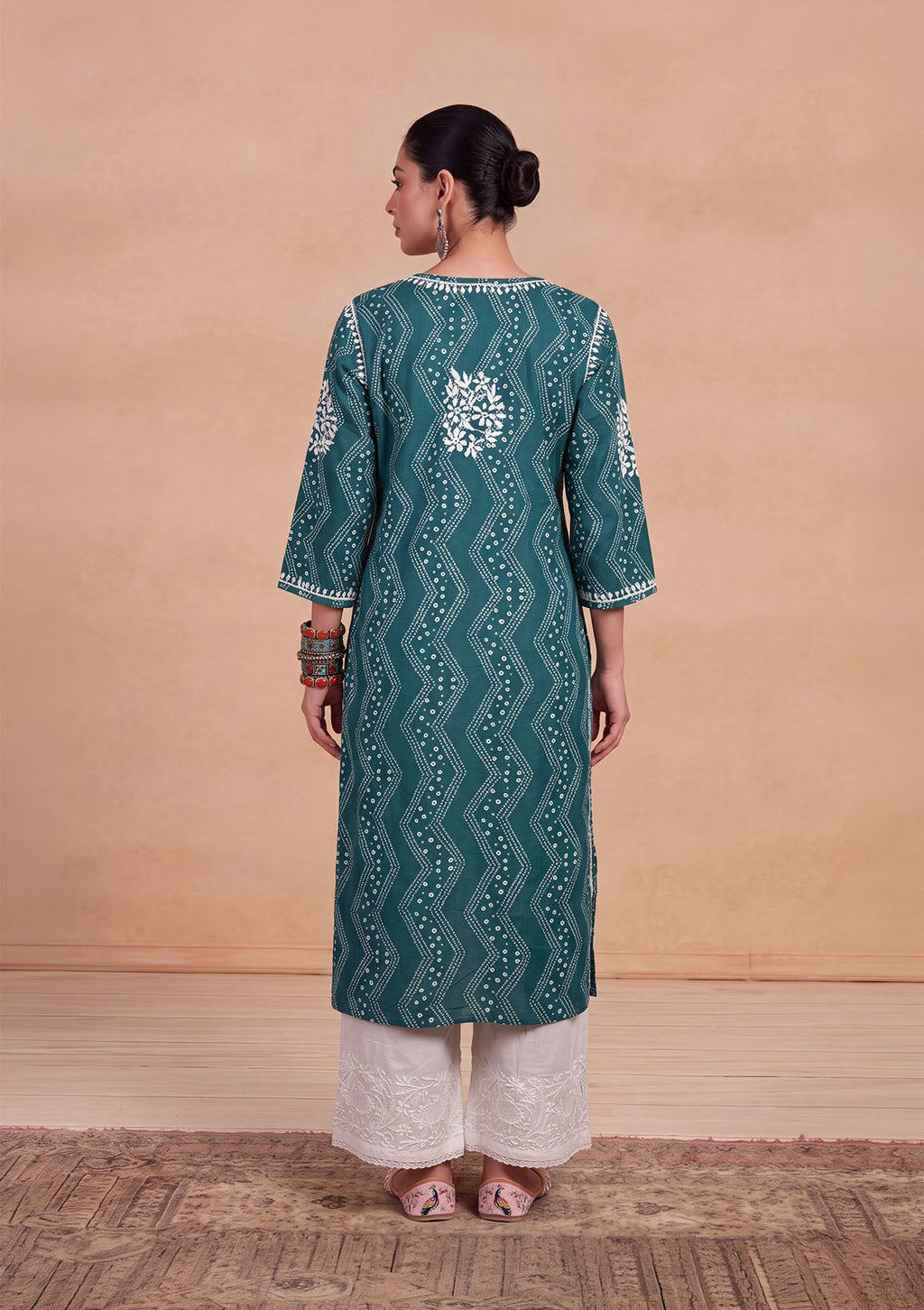 HOC Jugni Mulmul Chikankari Printed Women's Long Kurta - Teal