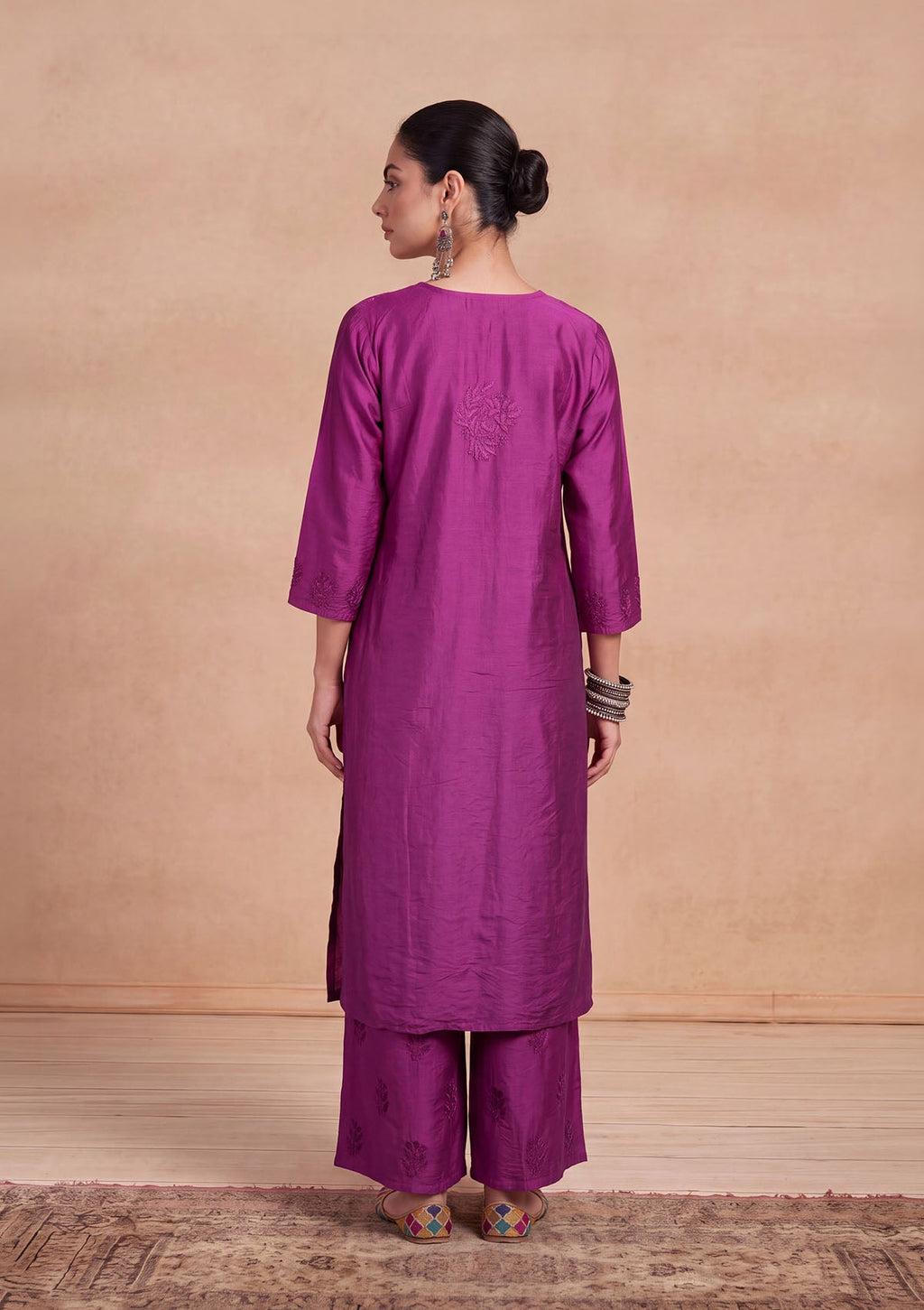 HOC Chanderi Chikankari Solid Women's 2 PC Long Kurta Set - Purple