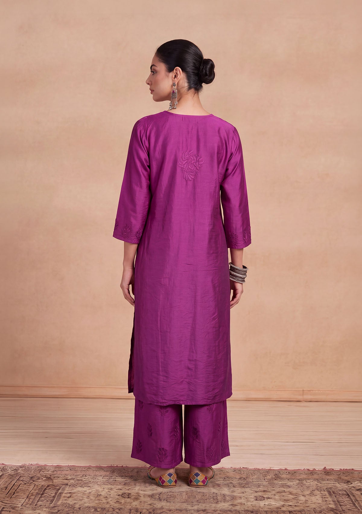 HOC Chanderi Chikankari Solid Women's 2 PC Long Kurta Set - Purple