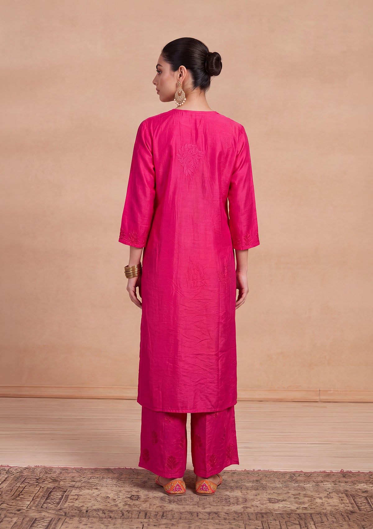 HOC Chanderi Chikankari Solid Women's 2 PC Long Kurta Set - Fuchsia Pink