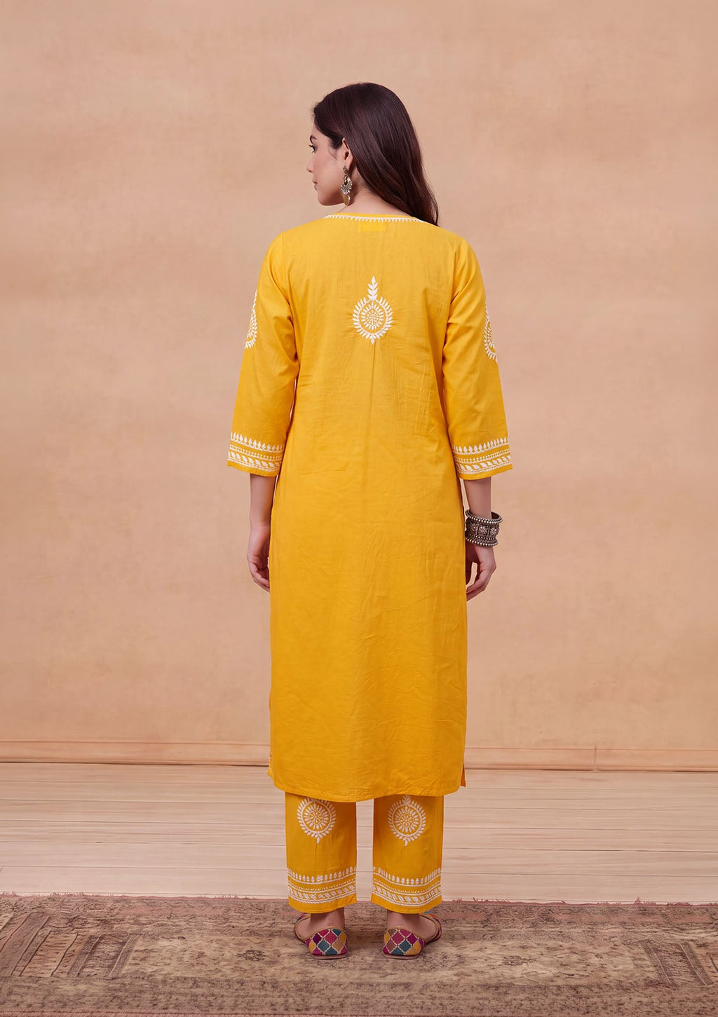 HOC Soha Cotton Chikankari Solid Women's 2 PC Long Kurta Set - Yellow