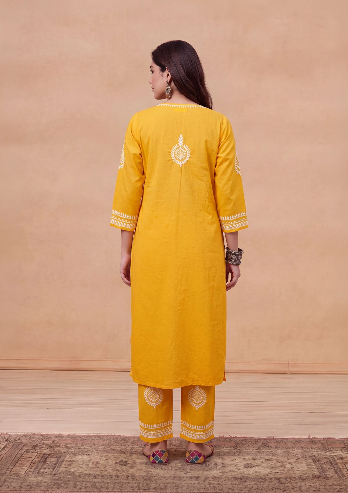 HOC Soha Cotton Chikankari Solid Women's 2 PC Long Kurta Set - Yellow