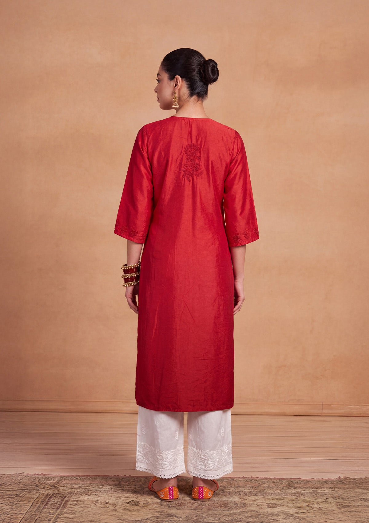 HOC Chikankari Ombre Women's Long Kurta -Red