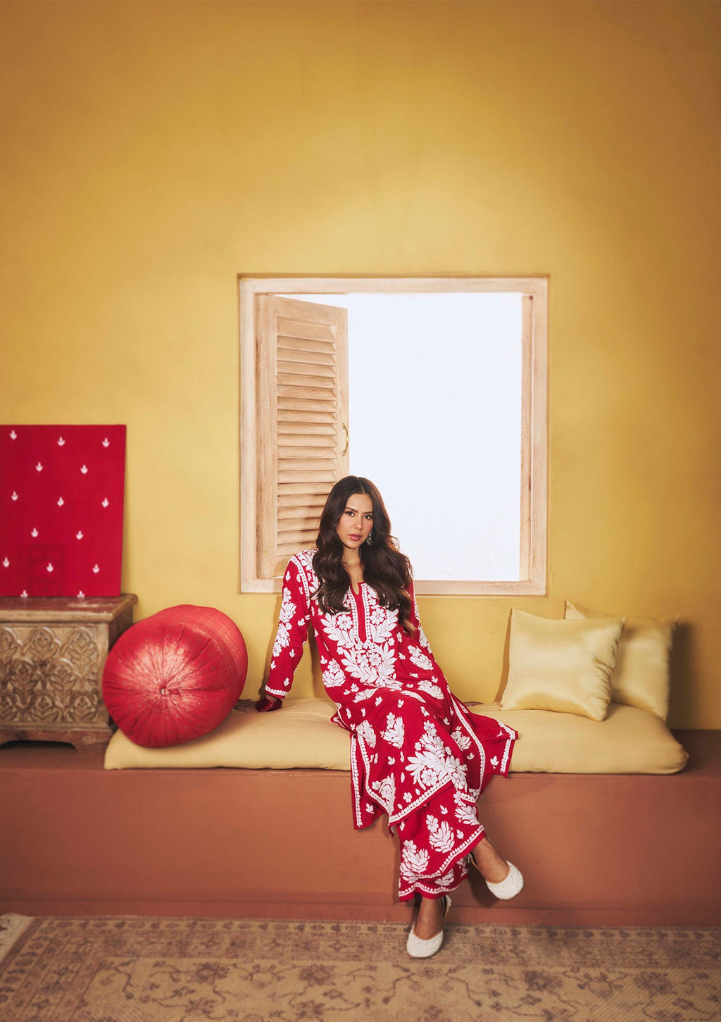 Sonam Red Chikankari Long Kurta Set