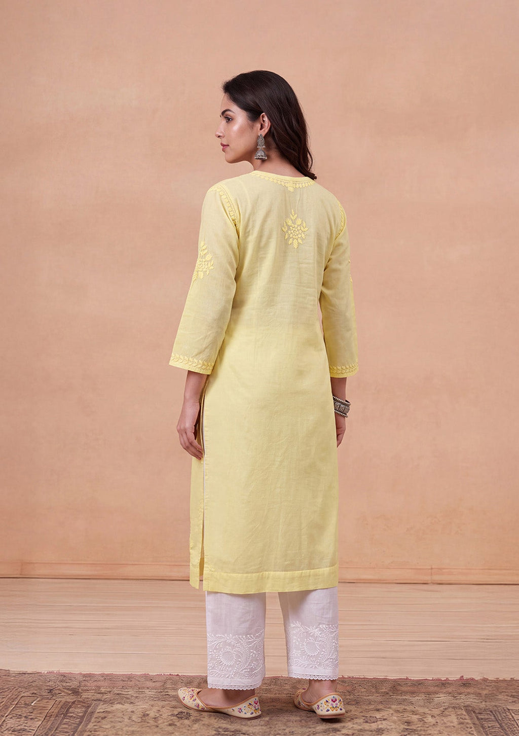 HOC Women Yellow Cotton Chikankari Kurta