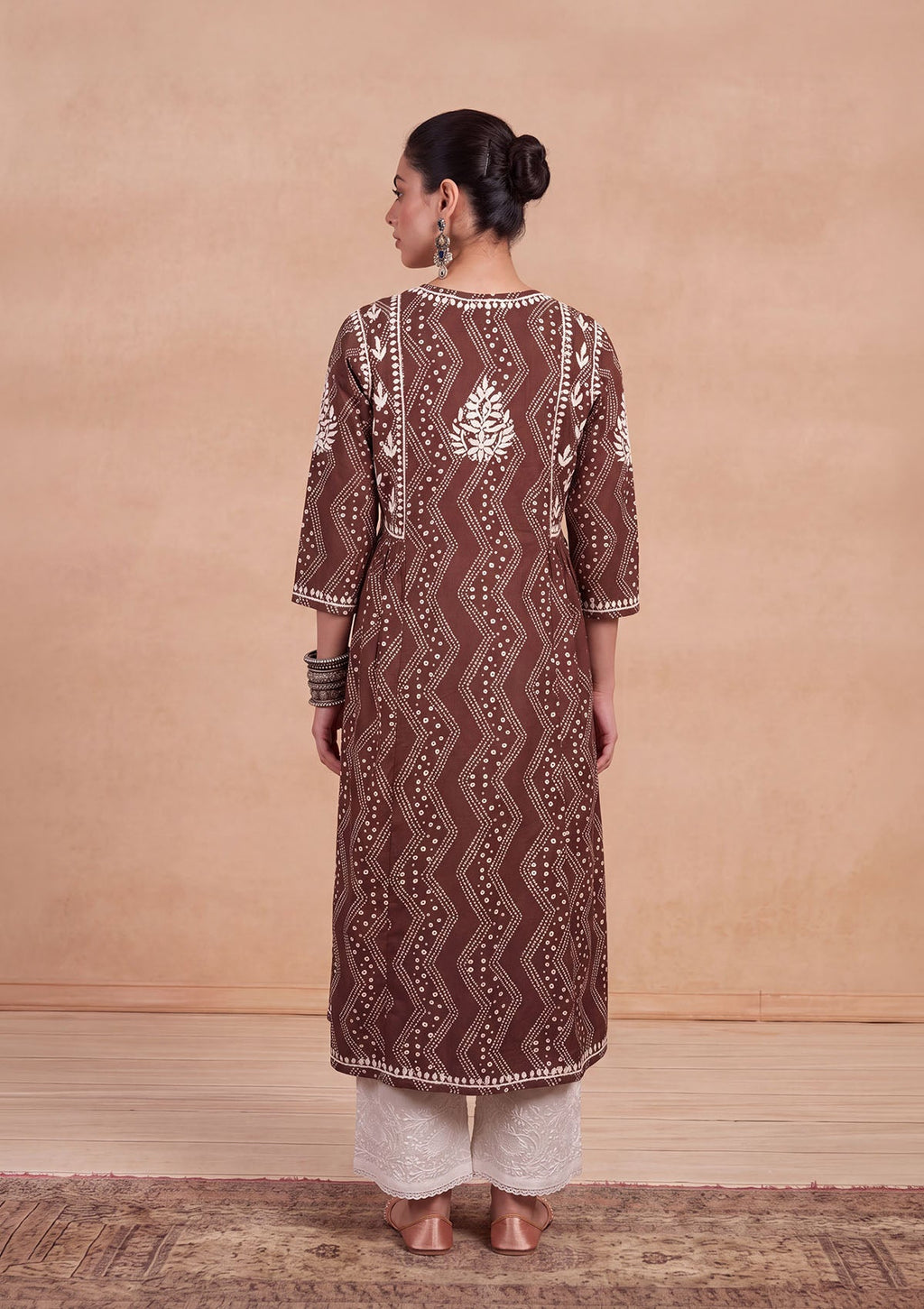 HOC Jugni Mulmul Chikankari Printed Women's Gown - Brown