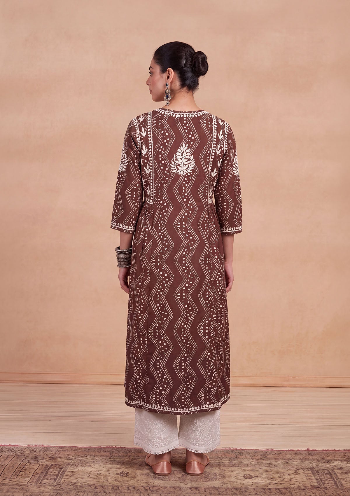 HOC Jugni Mulmul Chikankari Printed Women's Gown - Brown