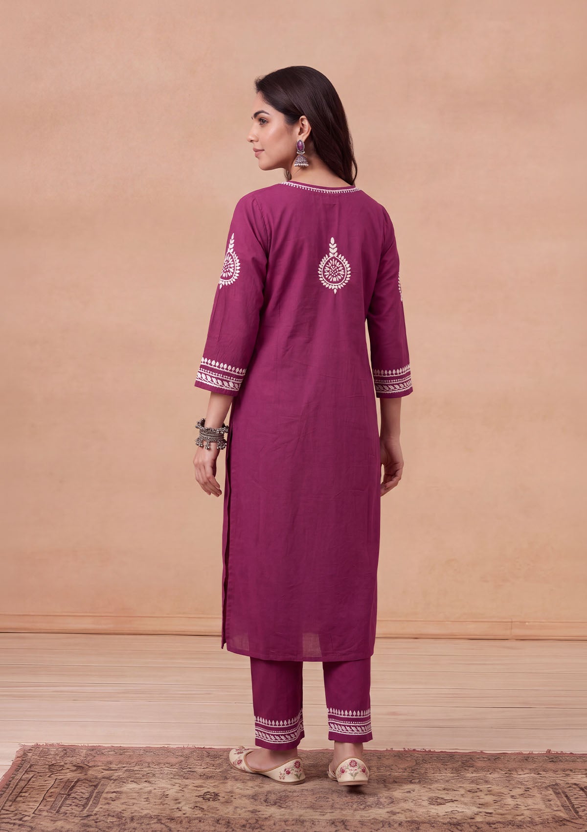 HOC Soha Cotton Chikankari Solid Women's 2 PC Long Kurta Set - Maroon
