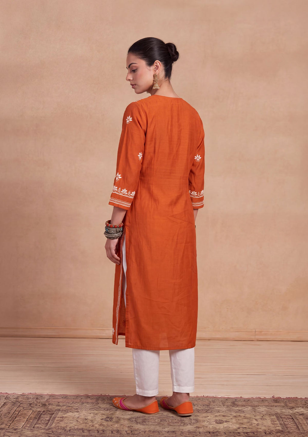 HOC Women Orange Chanderi Chikankari Kurta
