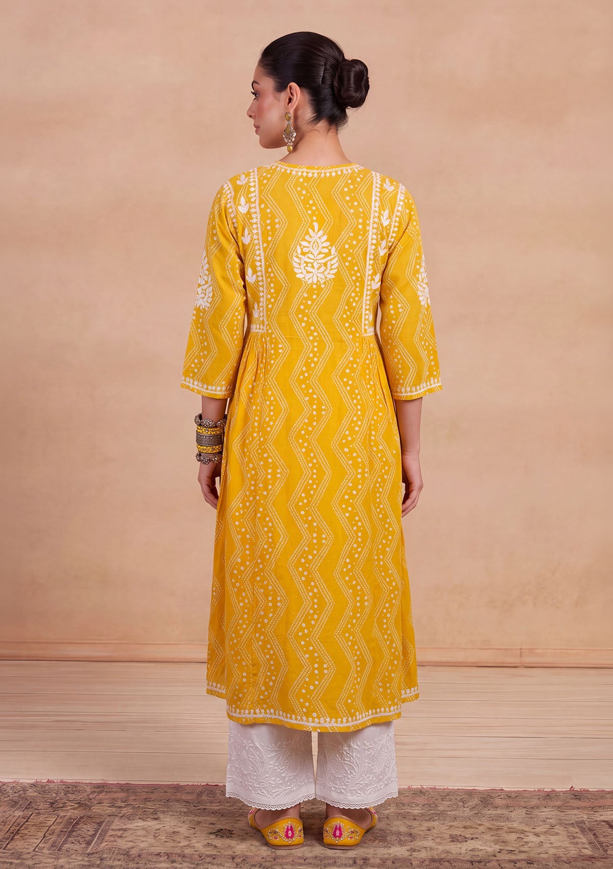 HOC Jugni Mulmul Chikankari Printed Women's Gown - Yellow