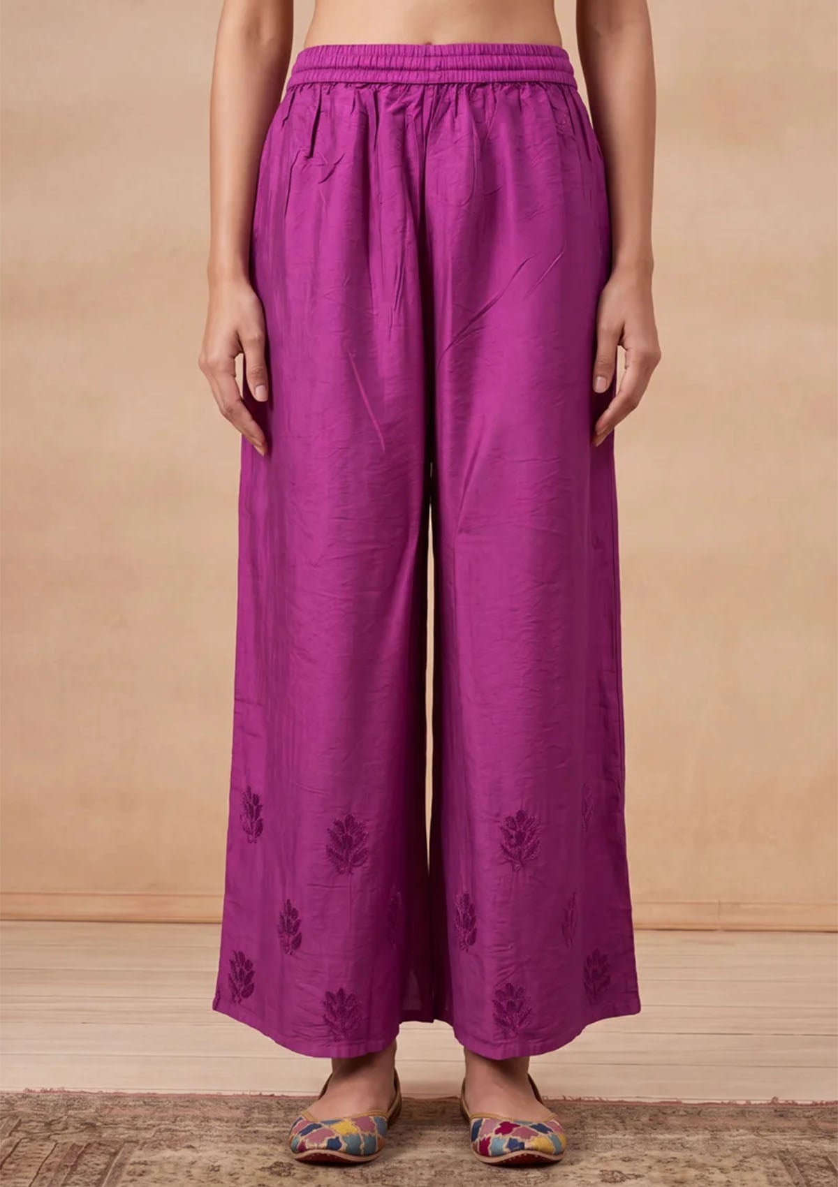 HOC Chanderi Chikankari Solid Women's 2 PC Long Kurta Set - Purple