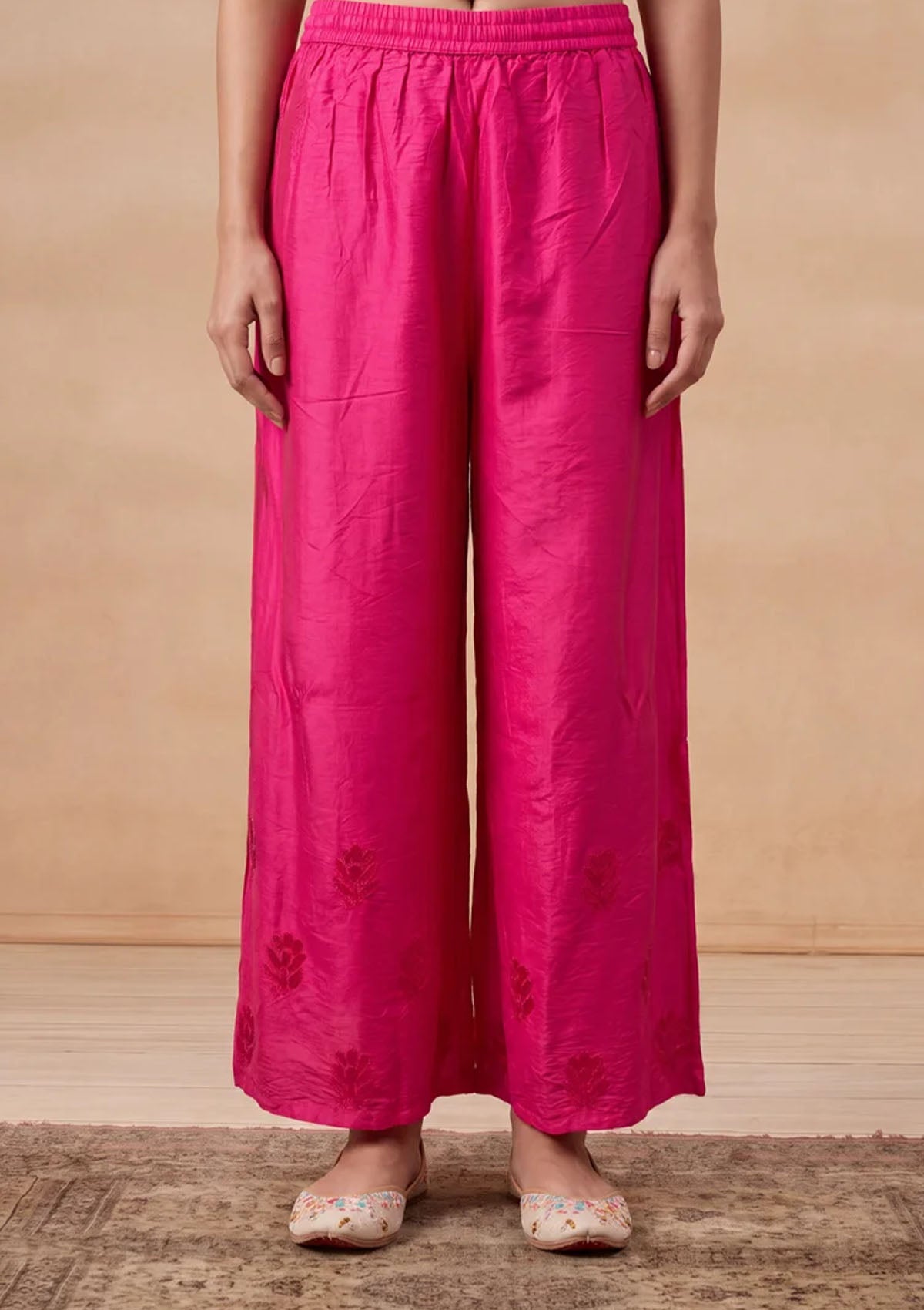 HOC Chanderi Chikankari Solid Women's 2 PC Long Kurta Set - Fuchsia Pink