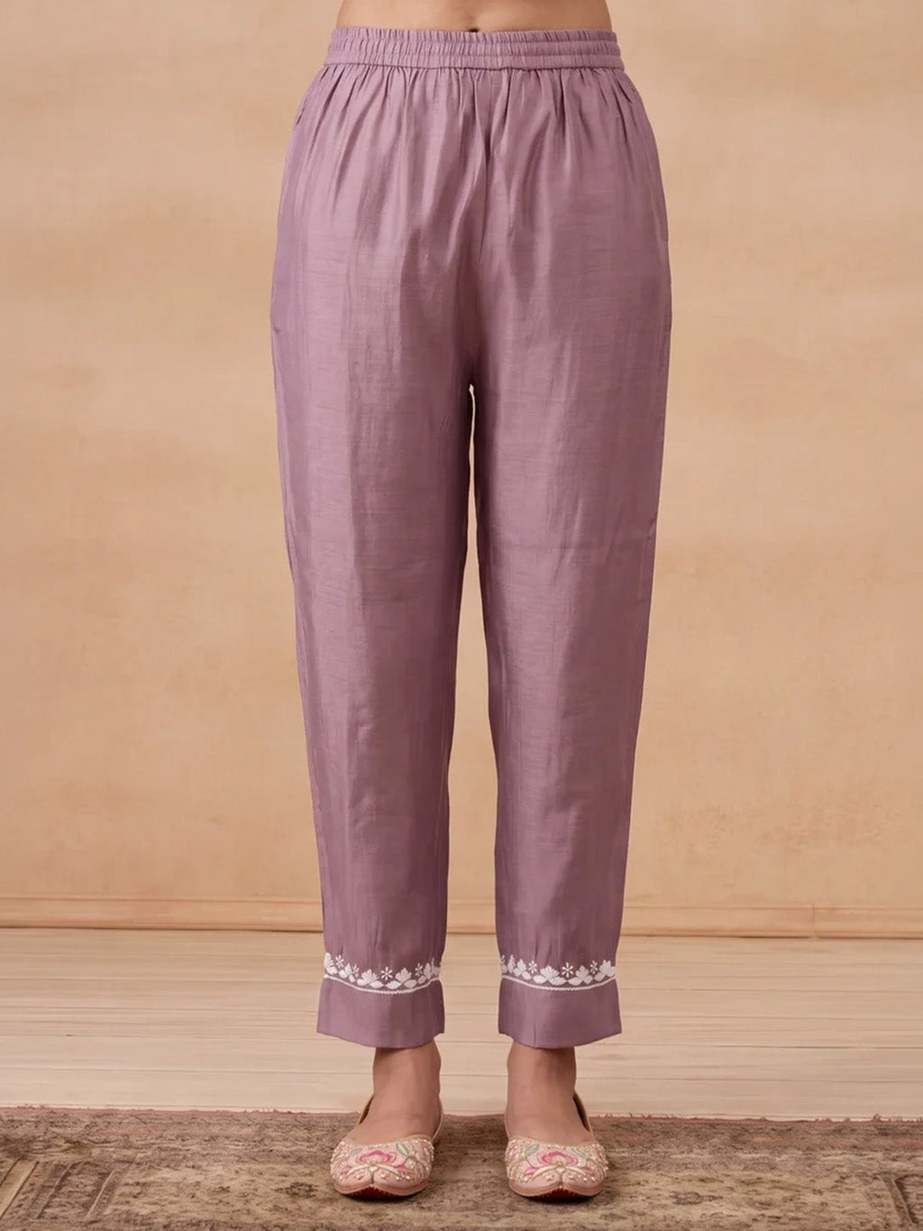 HOC Chanderi Chikankari Solid Women's 2 PC Long Kurta Set - Lavender