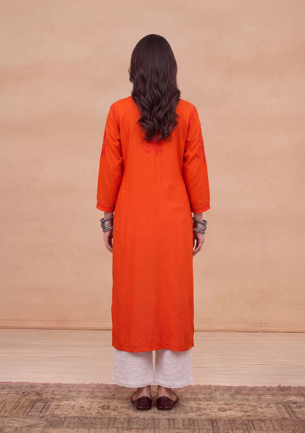 HOC Rayon Chikankari Solid Women's Long Kurta - Orange